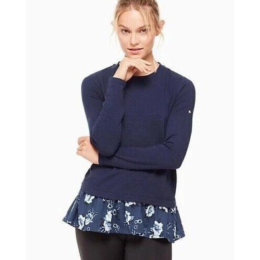 Kate Spade Top Size Medium Navy Blue Prairie Hem Floral Ruffle Long Sleeve